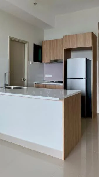Kitchen features: white laminate cabinetry, wooden cabinetry, marble countertop, stainless-steel fridge, single-bowl stainless-steel sink, chrome pull-down faucet, open shelving, ceramic tile flooring, recessed downlights; style: modern.