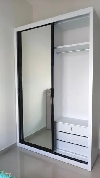 Room features: sliding mirror wardrobe, white cabinetry, built-in shelves, drawers at the bottom, glossy finish, neutral wall color, tile flooring; style: modern.