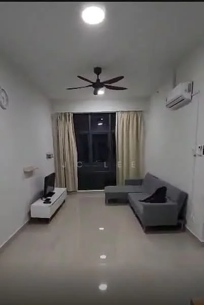 Living features: grey fabric L-shape sectional sofa, white TV console, wall-mounted TV, ceiling fan with 5 blades, recessed LED downlights, cream curtains, floor-to-ceiling windows, light-colored tiled flooring, wall clock, air conditioning unit; style: modern.