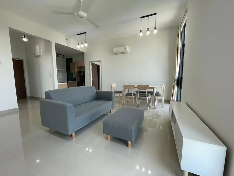 Living features: 3-seater fabric sofa in grey, ottoman in grey, wooden dining table for 4, 4 wooden dining chairs, wall-mounted TV console, air conditioning unit, ceiling fan with light, large windows with sheer curtains, light-colored walls, glossy tile flooring; style: modern.