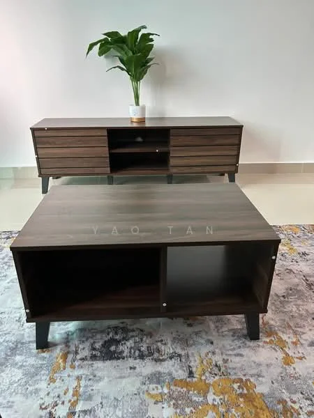 Living features: wooden coffee table with open shelving, wooden TV console with drawers, decorative plant in ceramic pot, area rug with abstract pattern, cream painted walls, glossy tile flooring; style: modern.