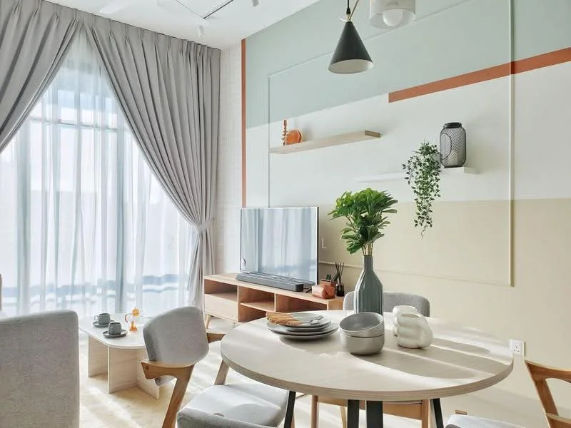 Dining features: round dining table, 4 upholstered dining chairs in grey, decorative vase with greenery, ceramic decorative objects, wall-mounted TV, wooden TV console, shelves with decorative items, floor-to-ceiling windows with sheer curtains, light grey painted walls with accent colors, pendant light fixture, wooden flooring; style: modern.