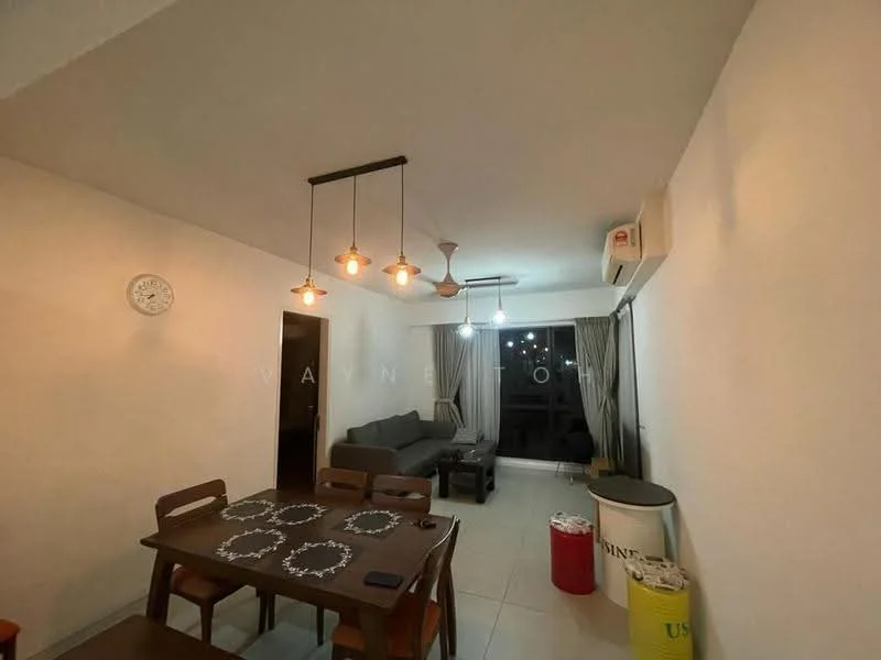 Living features: grey fabric sofa, wood dining table, 4 wooden dining chairs, pendant lighting with exposed bulbs, 5-blade ceiling fan, wall-mounted split AC, floor-to-ceiling window, curtains, clock on wall, light-colored walls, tile flooring; style: modern; view: city.