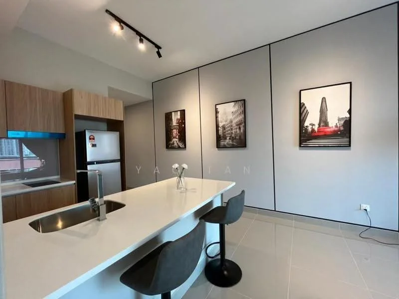 Kitchen features: white quartz countertop, single-bowl stainless-steel sink, chrome pull-down faucet, wood cabinetry, stainless-steel fridge, recessed LED downlights, grey tiled flooring, two bar stools, wall-mounted artwork, open layout; style: modern.