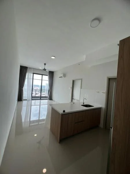 Kitchen features: white painted walls, glossy tile flooring, island kitchen with countertop, single-bowl stainless-steel sink, chrome pull-down faucet, built-in wall-mounted air conditioning unit, 5-blade ceiling fan with light, floor-to-ceiling windows, curtains, recessed downlights; style: modern; view: city.