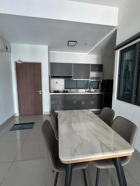 Kitchen features: grey cabinetry, white marble countertop, stainless-steel sink, chrome pull-down faucet, built-in oven, freestanding range oven, refrigerator, ceramic tile flooring, wall-mounted cabinets, open shelving, window with view, dining table with four chairs; style: modern.