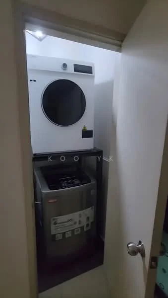Laundry features: stacked washer and dryer, front-loading dryer, top-loading washing machine, grey appliance finish, white cabinetry above appliances, tile flooring, light fixture on ceiling, door with doorknob.