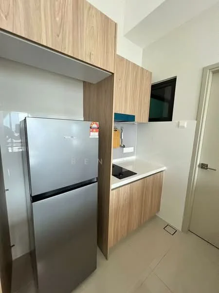 Kitchen features: stainless-steel fridge, wood cabinetry, white countertop, built-in cooktop, grey tile backsplash, single-bowl stainless-steel sink, wall-mounted storage, window, light-colored flooring; style: modern.