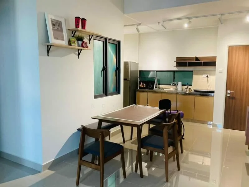 Dining features: 4-seater dining table, wooden dining chairs, open shelving unit on wall, framed artwork on wall, floor-to-ceiling window, green backsplash, light wood cabinetry, stainless-steel fridge, built-in kitchen counter, ceramic tile flooring, recessed ceiling lights; style: modern. Kitchen features: built-in kitchen cabinets, stainless-steel sink, single-bowl stainless-steel sink, chrome faucet, kitchen appliances visible; style: modern.