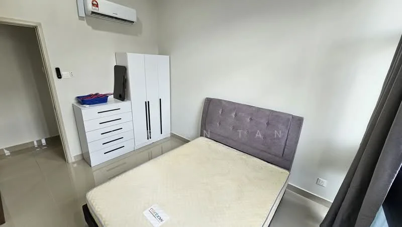 Bedroom features: queen-size bed, upholstered headboard, built-in wardrobe with white finish, 1 wall-mounted split AC, grey curtains, cream painted walls, glossy tile flooring, nightstand, decorative wall art; style: modern.