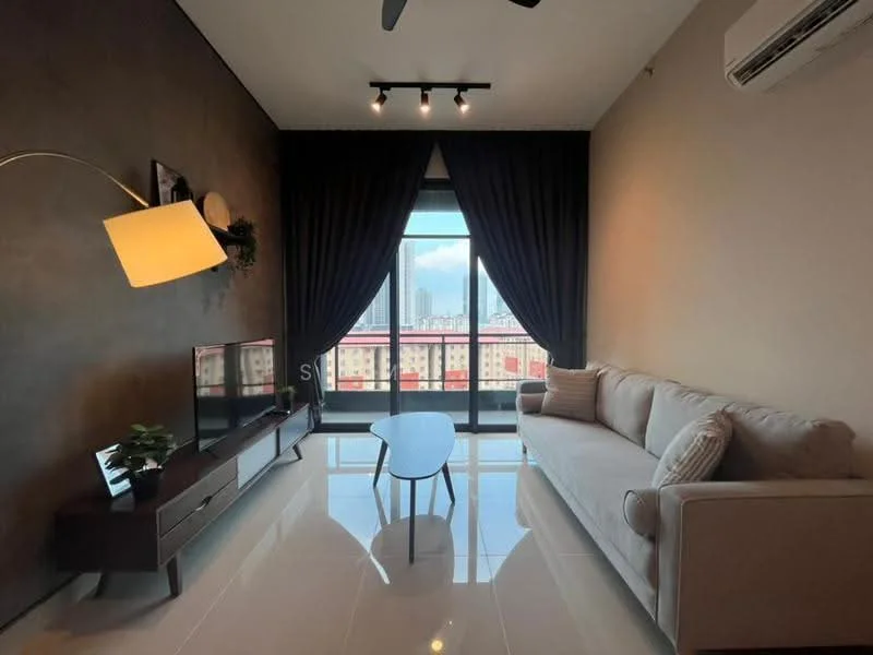 Living features: 3-seater fabric sofa in light grey, coffee table, TV console, wall-mounted TV, floor-to-ceiling windows, blackout curtains, recessed downlights, ceiling fan, polished tile flooring, decorative wall with dark finish, indoor plant in ceramic pot; style: modern; view: city.