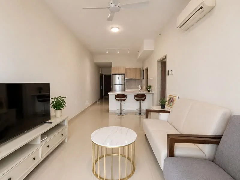 Living features: light grey walls, white ceiling, 5-blade ceiling fan with light, wall-mounted TV, cream fabric sofa, wooden armchair, round marble coffee table, TV console with storage, potted plant, tile flooring, air conditioning unit; style: modern. Kitchen features: stainless-steel fridge, wood cabinetry, countertop with bar seating, two bar stools, built-in oven, ceramic tile backsplash; style: modern.