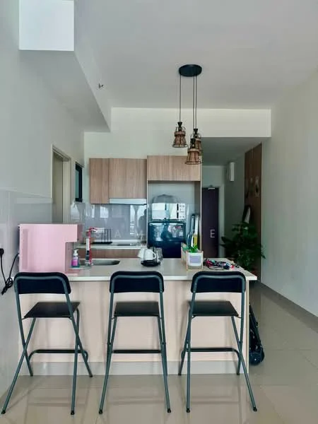 Kitchen features: light wood cabinetry, white countertops, stainless-steel fridge, built-in oven, ceramic cooktop, kitchen island with seating, pendant lighting, tile flooring, open layout, plant decoration; style: modern.