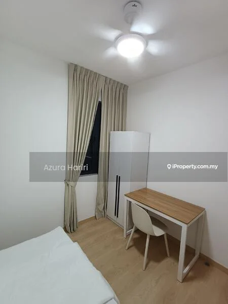 Bedroom features: white painted walls, wooden flooring, ceiling fan, LED ceiling light, window with black frame, curtains in beige, study desk with wooden top, white chair, white wardrobe; style: modern.