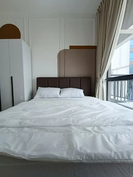 Bedroom features: king-size bed with upholstered headboard, white bedding, floor-to-ceiling windows, curtains in light fabric, wooden flooring, built-in wardrobe, decorative wall with geometric design, nightstand with lamp; style: modern; view: city.