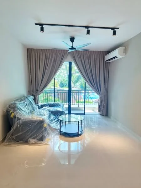 Living features: 5-blade ceiling fan with light, sliding glass door, floor-to-ceiling windows, curtains, sofa covered in plastic, coffee table, polished tile flooring, air conditioning unit; style: modern; view: garden.