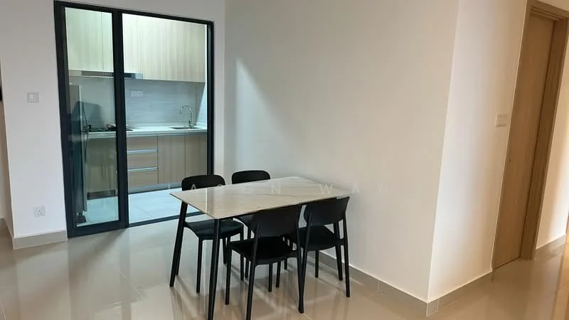 Dining features: 4-seater dining table, black dining chairs, glossy tile flooring, neutral painted walls, recessed lighting, open layout to kitchen, glass sliding door, kitchen view; style: modern. Kitchen features: wood cabinetry, grey countertop, built-in kitchen appliances, tile backsplash, stainless-steel sink, single-bowl sink, chrome faucet; style: modern.