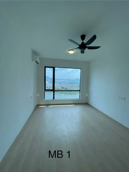 Bedroom features: light wood flooring, white painted walls, 5-blade ceiling fan with light, floor-to-ceiling window, mountain view, wall-mounted split AC; style: modern; view: mountain.