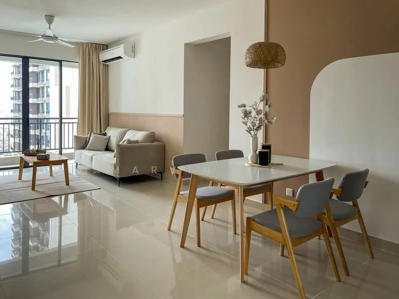 Living features: 5-blade ceiling fan, wall-mounted split AC, cream painted walls, light brown accent wall, large floor-to-ceiling windows, grey fabric sofa, coffee table, 6-seater dining table, wooden dining chairs, area rug, decorative plant in vase, neutral tile flooring; style: modern; view: city.