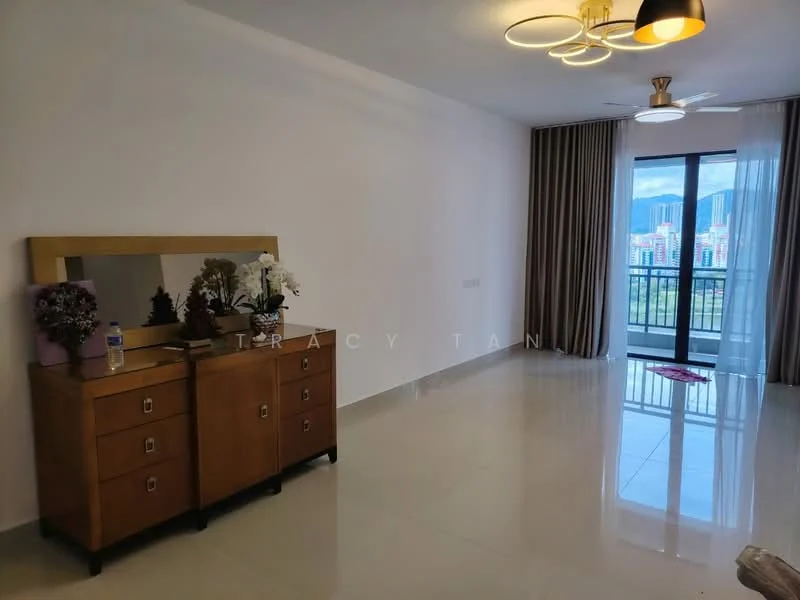 Living features: white painted walls, polished tile flooring, 5-blade ceiling fan with light, chandelier, sliding glass door, floor-to-ceiling windows, curtains, wooden sideboard with drawers, decorative flowers, water bottle; style: modern; view: city.