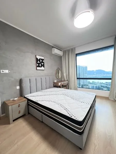 Bedroom features: grey upholstered bed frame, mattress on bed frame, light wood flooring, floor-to-ceiling window, city view from window, white curtains, wall-mounted air conditioning unit, round ceiling light, framed artwork on wall, nightstand with drawer, decorative mirror on wall; style: modern; view: city.