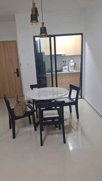 Dining features: round dining table, 4 black dining chairs, pendant lighting, white walls, glossy tile flooring, open layout to kitchen, glass sliding door, kitchen cabinetry visible; style: modern.