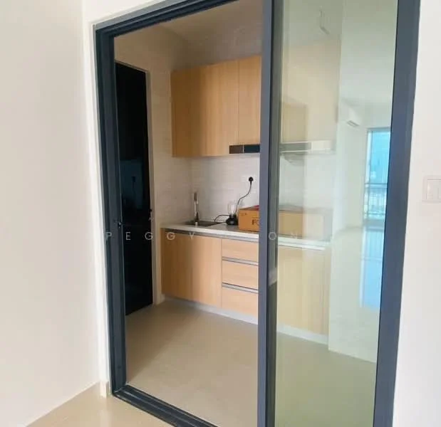 Kitchen features: wood cabinetry, stainless-steel sink, chrome faucet, built-in oven, cooktop, countertop, tile backsplash, refrigerator, light-colored flooring, glass door, open layout; style: modern.