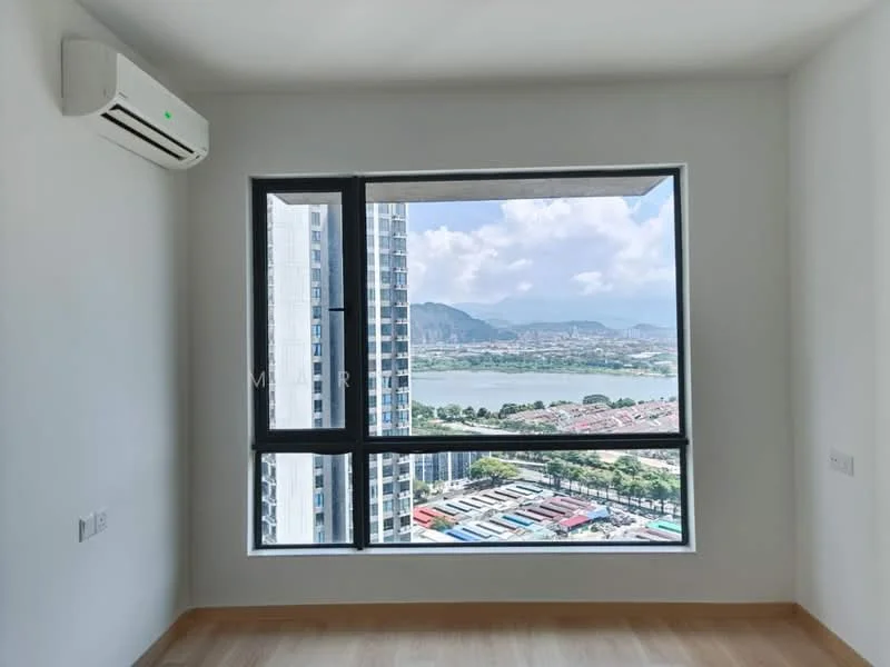 Room features: floor-to-ceiling window, city view, mountain view, wall-mounted split AC, light wood flooring, white painted walls; style: modern; view: city.