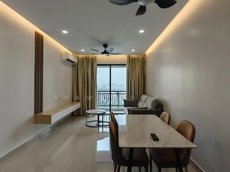Living features: light grey painted walls, white ceiling with recessed lighting, 5-blade ceiling fan with light, floor-to-ceiling windows, curtains in beige, light-colored sofa, coffee table with round top, dining table with marble top, 4 upholstered dining chairs, wall-mounted air conditioning unit, wooden feature wall panel, glossy tile flooring; style: modern; view: city.