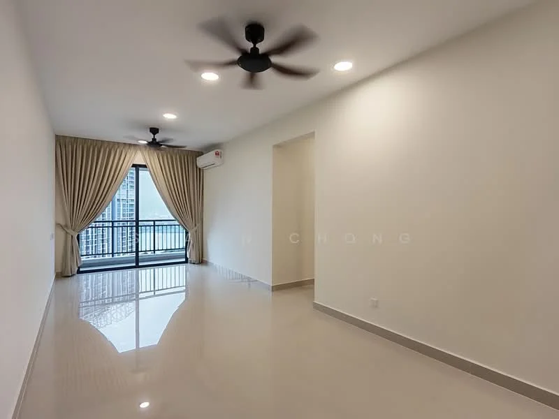 Living features: white painted walls, polished tile flooring, 2 ceiling fans, floor-to-ceiling windows, sliding glass door, sheer curtains, air conditioning unit, balcony access; style: modern; view: city.