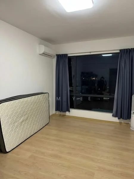 Room features: light wood laminate flooring, white painted walls, floor-to-ceiling window, dark blue curtains, wall-mounted split AC, unmade mattress leaning against the wall, white portable fan; style: modern; view: city.