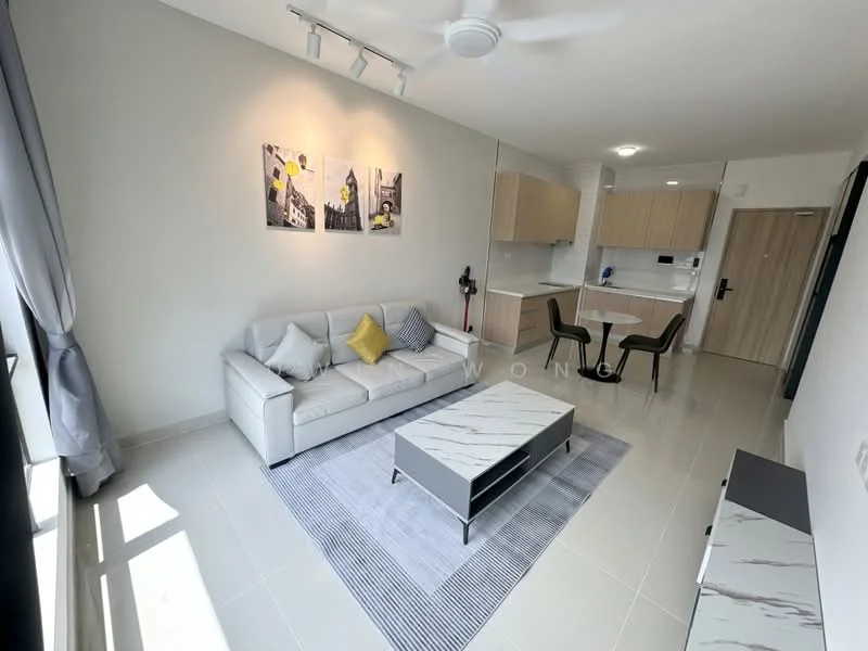 Living features: grey fabric 3-seater sofa, yellow decorative cushion, marble coffee table, area rug with geometric pattern, wall-mounted TV, TV console, floor-to-ceiling windows, curtains, recessed downlights, ceiling fan, light grey painted walls, white tiled flooring; style: modern; view: city. Kitchen features: white cabinetry, stainless-steel sink, chrome pull-down faucet, built-in oven, freestanding range oven, microwave, white countertop, bar stools, open-plan layout; style: modern.