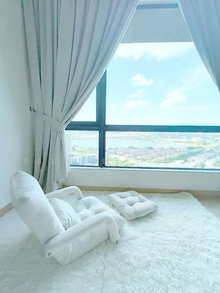 Room features: large window with city view, white curtains, white plush armchair, white area rug, light-colored walls, wooden flooring, soft cushions; style: modern; view: city.