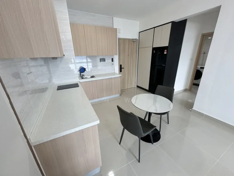 Kitchen features: light wood cabinetry, white quartz countertop, stainless-steel sink, chrome pull-down faucet, built-in oven, freestanding fridge, ceramic tile flooring, white tiled backsplash, 2-seater round dining table, 2 grey dining chairs, wall-mounted cabinets, open shelving, recessed downlights; style: modern.