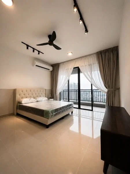 Bedroom features: king-size bed, upholstered headboard, 2 bedside lamps, floor-to-ceiling windows, sheer curtains, blackout curtains, 1 wall-mounted split AC, 5-blade ceiling fan, polished ceramic tile flooring, decorative wall, wooden dresser, recessed downlights, track lighting; style: modern; view: city.