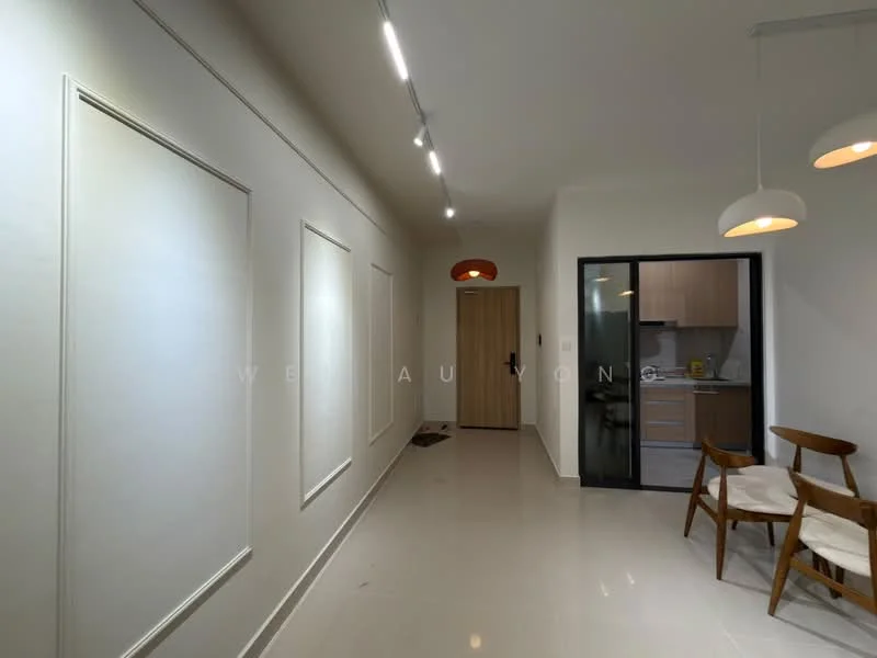Room features: white painted walls with decorative panels, glossy tile flooring, recessed downlights, track lighting, wooden door, glass door, two pendant lights, two wooden chairs; style: modern.