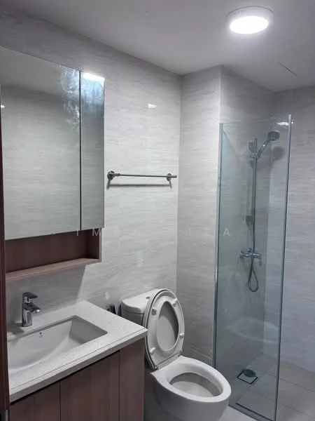 Bathroom features: single-sink vanity with stone countertop, mirror above vanity, chrome basin mixer faucet, one-piece toilet, walk-in shower with glass enclosure, rain shower head, wall-mounted towel bar, light fixture in ceiling, tile flooring, light grey wall tiles; style: modern.