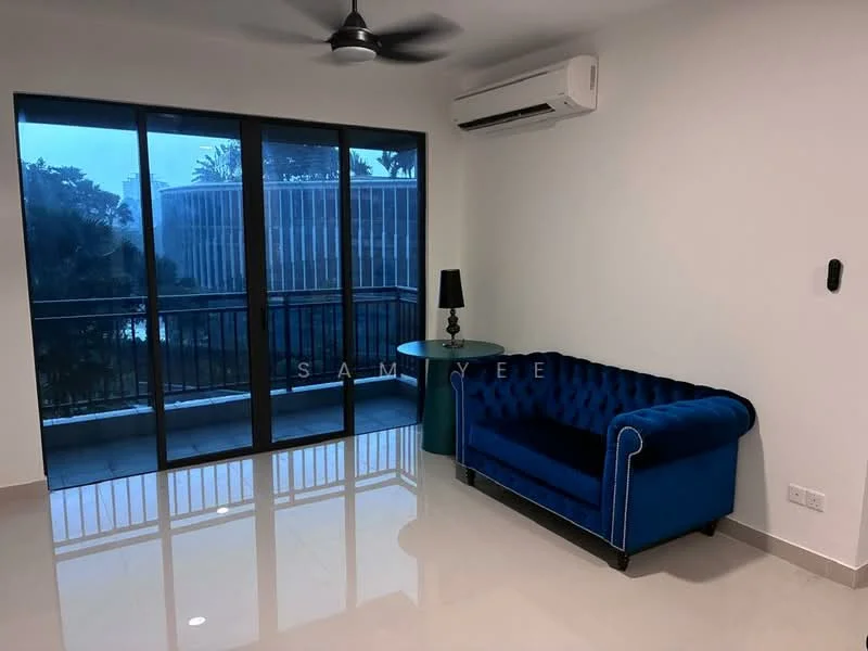 Living features: blue velvet chesterfield sofa, glass side table, floor-to-ceiling windows, sliding glass door, white painted walls, polished tile flooring, 1 wall-mounted split AC, ceiling fan with light; style: modern; view: garden.