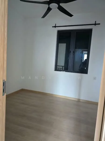 Room features: light wood laminate flooring, white painted walls, black ceiling fan, single window with black frame, window treatment rod, no visible furniture, neutral color scheme, door frame with wooden finish; style: minimalist.