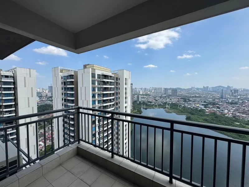 Room features: balcony with railing, city skyline view, water view, ceramic tile flooring, concrete ceiling, outdoor space, sliding glass door access, open-air design; style: modern; view: city.