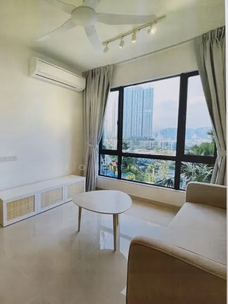 Living features: floor-to-ceiling windows, city view, 3-blade ceiling fan, wall-mounted split AC, light-colored walls, cream-colored sofa, round coffee table, built-in cabinetry, tile flooring, curtains, recessed lighting; style: modern; view: city.