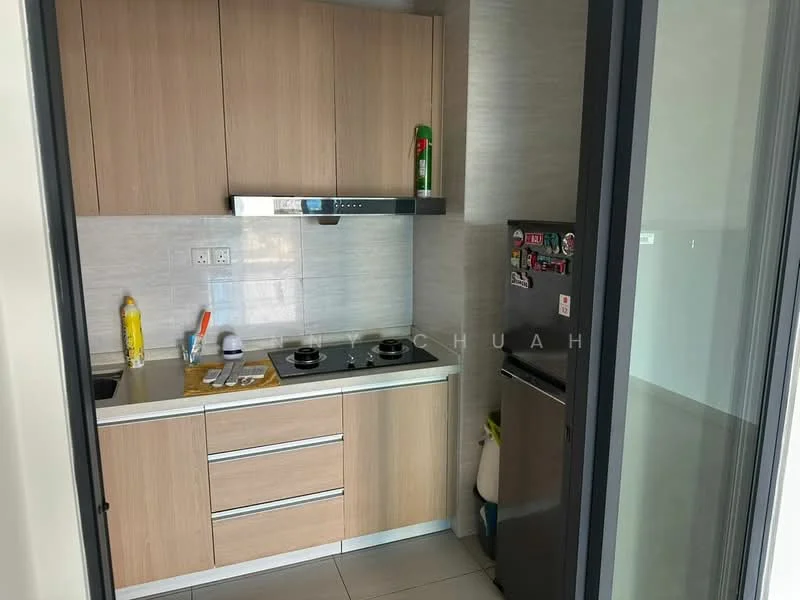 Kitchen features: light wood cabinetry, stainless-steel range hood, 4-burner gas hob, built-in oven, stainless-steel fridge, grey tiled backsplash, white countertop, kitchen utensils on countertop, cleaning supplies on countertop, floor tiles, wall-mounted electrical outlets; style: modern.