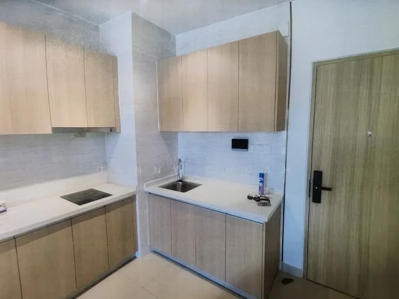 Kitchen features: light wood cabinetry, white countertop, single-bowl stainless-steel sink, chrome faucet, built-in stove, tile backsplash, neutral wall colour, ceramic tile flooring; style: modern.