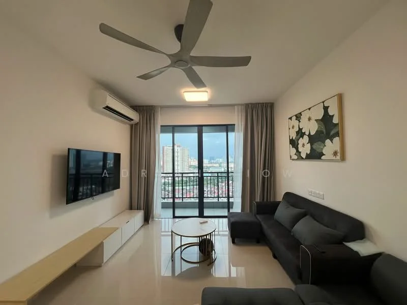Living features: 3-seater fabric sofa in dark grey, coffee table with round glass top, wall-mounted TV, white media console, floor-to-ceiling windows, sliding glass door, curtains in light grey, ceiling fan with light, air conditioning unit, decorative wall art with floral pattern, polished tile flooring, neutral painted walls; style: modern; view: city.