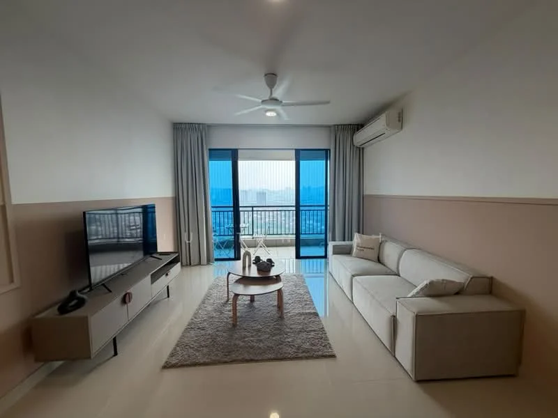 Living features: 3-seater fabric sofa in light grey, coffee table, wall-mounted TV, TV console, area rug, floor-to-ceiling windows, curtains, ceiling fan, wall-mounted air conditioning unit, neutral painted walls, glossy tile flooring; style: modern; view: city.