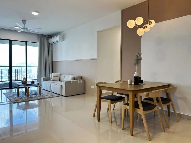 Living features: 3-seater fabric sofa in light grey, coffee table, area rug, floor-to-ceiling windows, curtains, ceiling fan, recessed downlights, wall-mounted air conditioning unit, decorative wall with two-tone paint, TV console, wall art, open layout, tile flooring; style: modern; view: city. Dining features: wooden dining table for 4, black dining chairs, pendant lighting, decorative vase, minimalist decor; style: modern.
