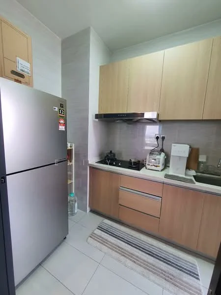 Kitchen features: stainless-steel fridge, built-in oven, 4-burner gas hob, stainless-steel range hood, laminate cabinetry in light wood, grey tiled backsplash, single-bowl stainless-steel sink, countertop with space for appliances, striped area rug, wall-mounted storage, white walls, ceramic tile flooring; style: modern.