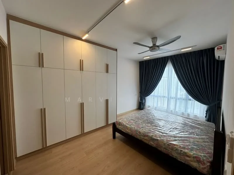 Bedroom features: queen-size bed, upholstered headboard, built-in wardrobe with white doors, 5-blade ceiling fan, floor-to-ceiling windows, blackout curtains, wooden flooring, air conditioning unit; style: modern; view: city.