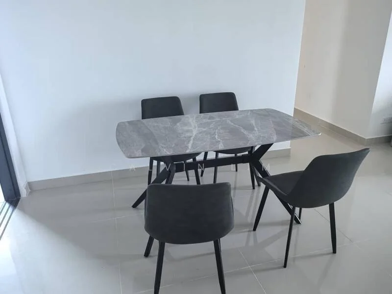 Dining features: marble dining table, 4 dining chairs with black upholstery, white painted walls, glossy tile flooring, large windows for natural light; style: modern.