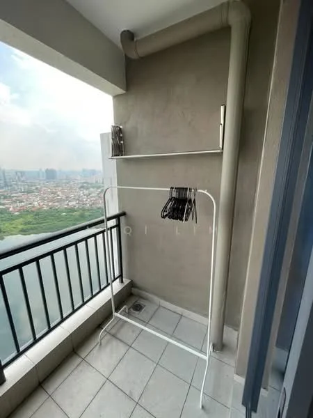 Room features: grey painted walls, white tiled flooring, metal railing, clothes drying rack, clothes hangers, drainage pipe, city view, floor-to-ceiling windows; style: modern; view: city.
